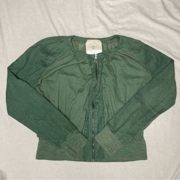 Anthropologie Hei Hei Hilltop Ruched Green Cotton Zip Bomber Jacket Size Medium - Picture 4 of 7